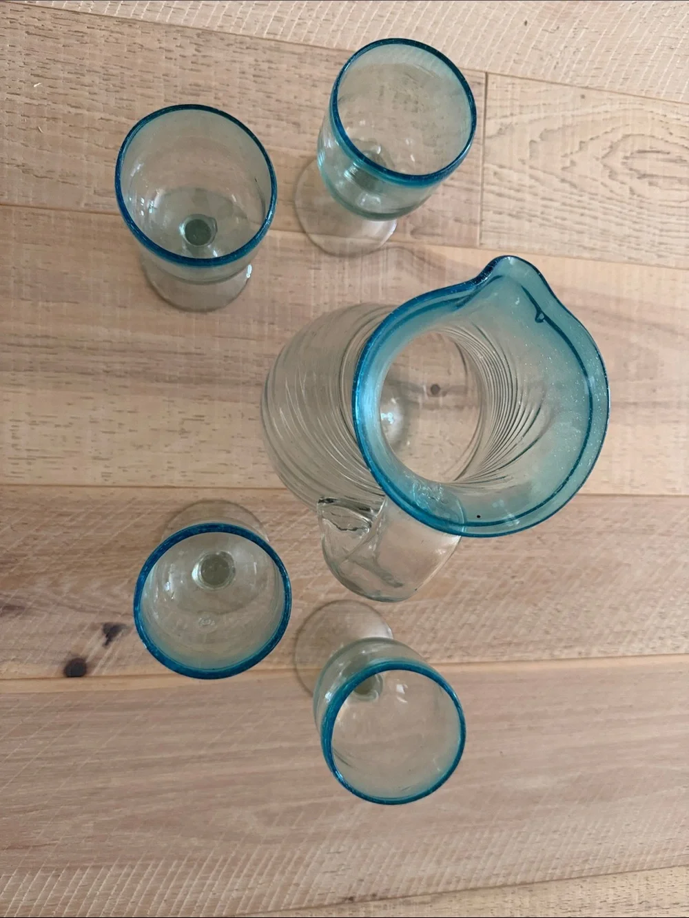 Clear Glass Pitcher and Goblet Set with Ocean Blue Rim - Home Dining